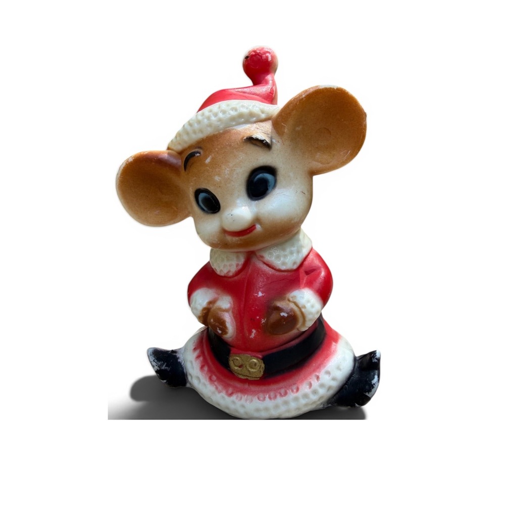 Vintage Christmas Mouse Elf Figurine Santa Suit Hat Made in Hong Kong Retro - Picture 2 of 8